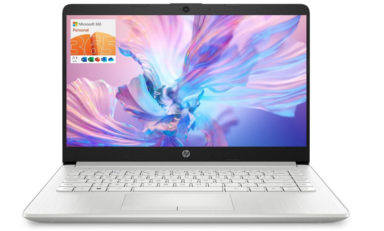 HP Portable Laptop, Student and Business, 14" HD Display, Intel Quad-Core N4120, 8GB DDR4 RAM, 64GB eMMC, 1 Year Office 365, Webcam, RJ-45, HDMI, Wi-Fi, Windows 11 Home, Silver